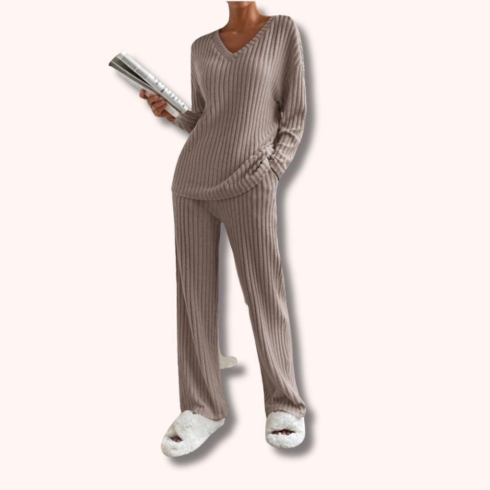 Casual Ribbed V-Neck Long Sleeve Shirt and Wide Leg Pants Set