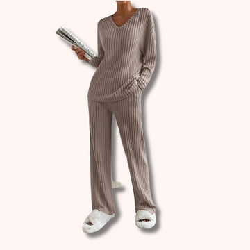 Casual Ribbed V-Neck Long Sleeve Shirt and Wide Leg Pants Set