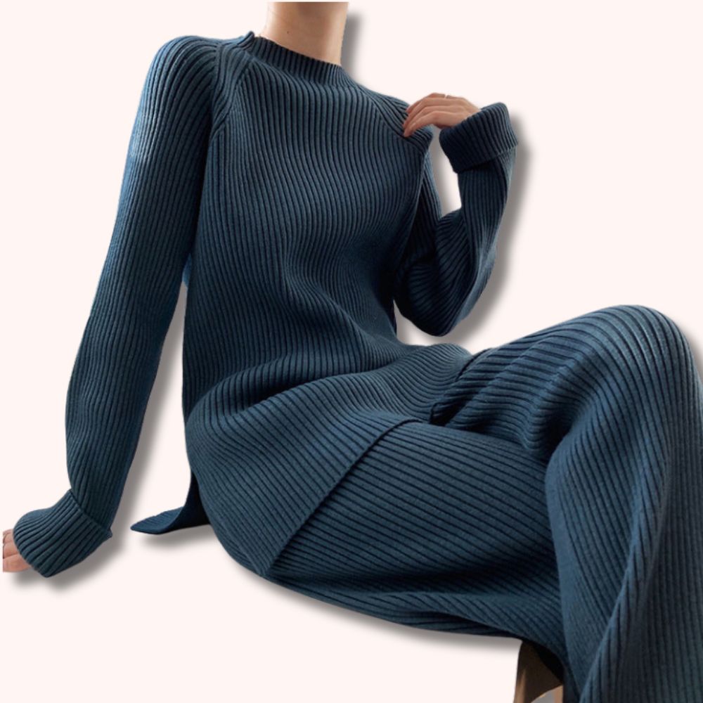 Solid Color Round Neck Sweater Set with Loose Knit Top & Wide-Leg Pants