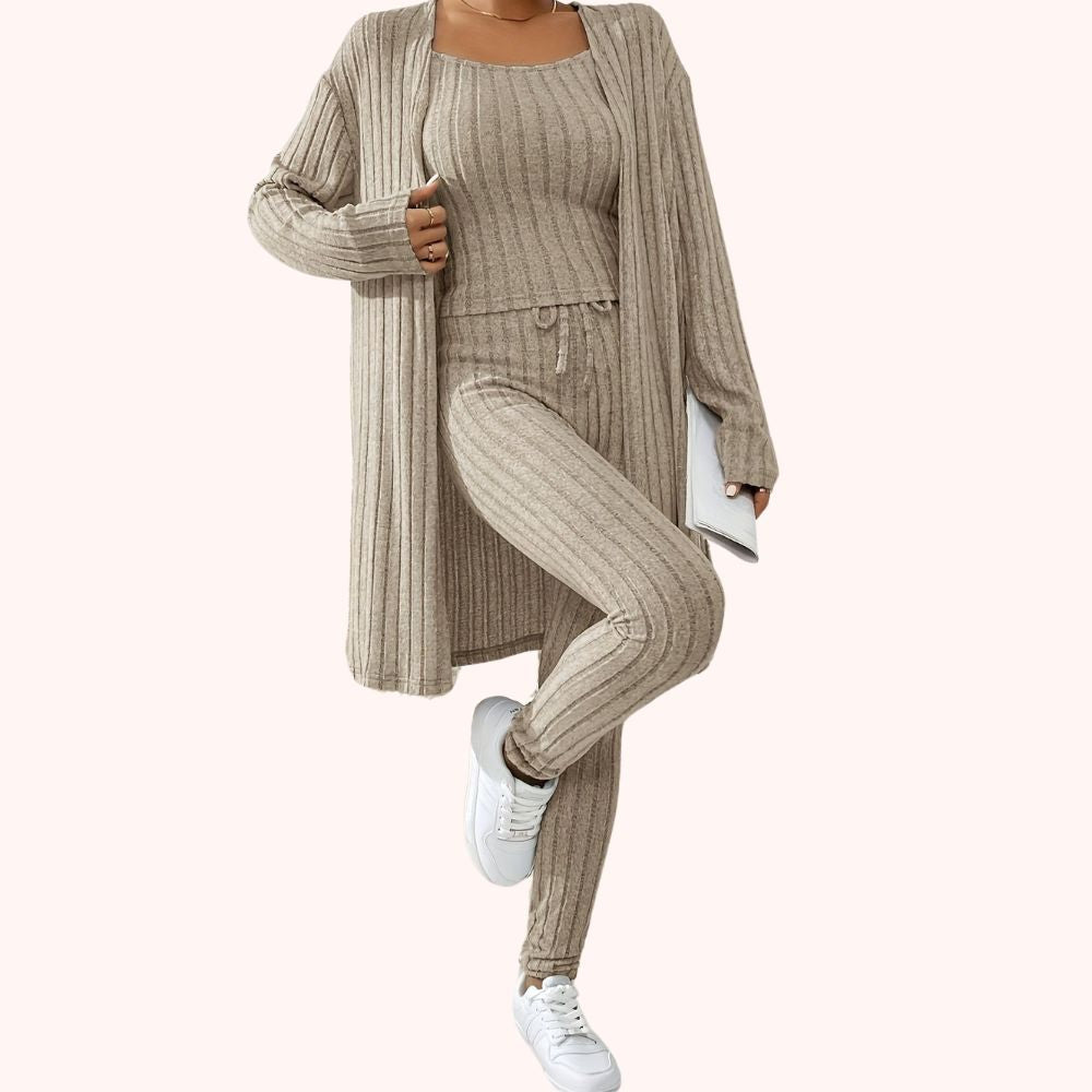 Three-Piece Ribbed Tank Top, Cardigan, and Pants Lounge Set for Women