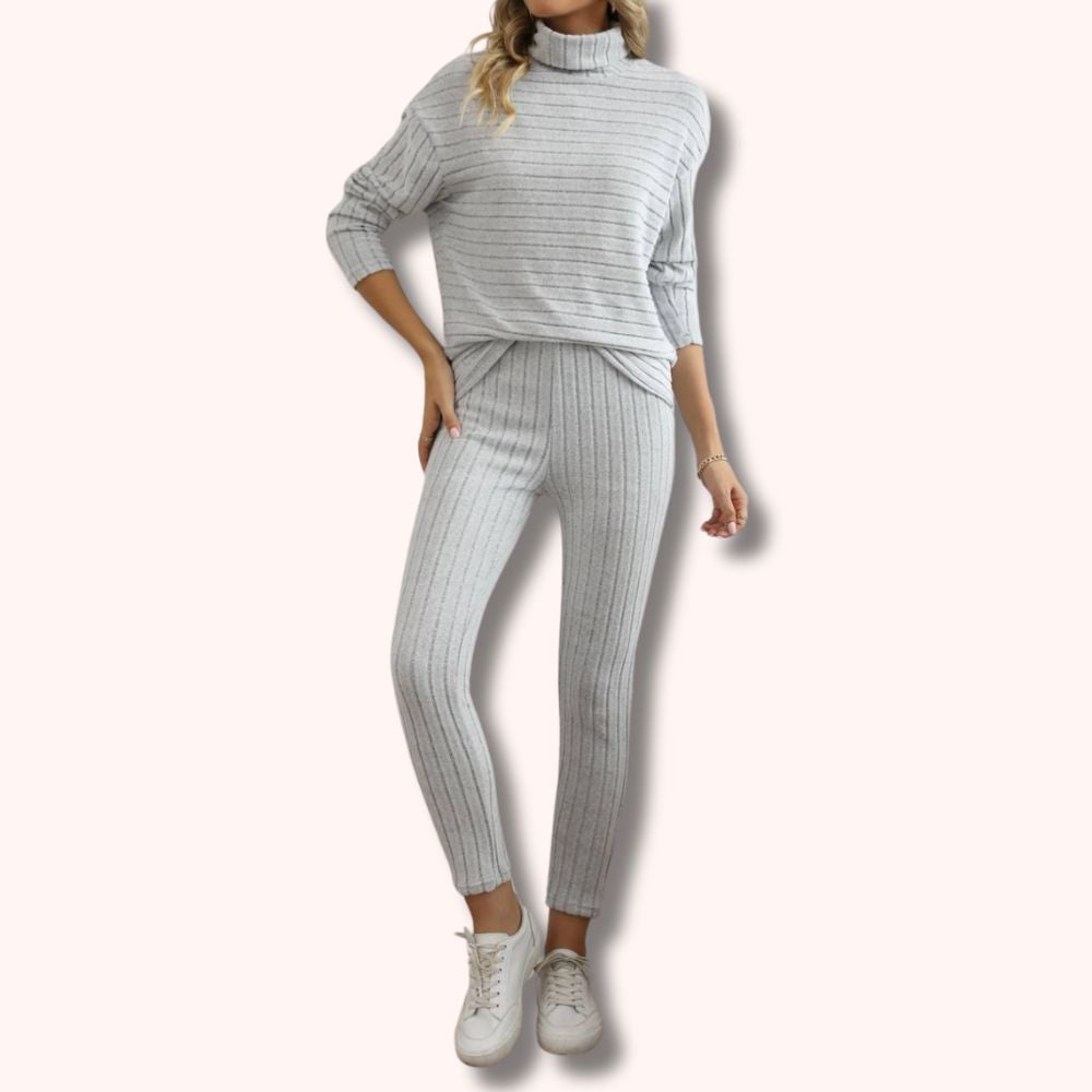 Ribbed Turtleneck and Pants Set in Gray and Purple