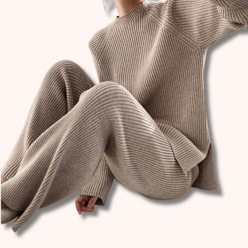 Solid Color Round Neck Sweater Set with Loose Knit Top & Wide-Leg Pants