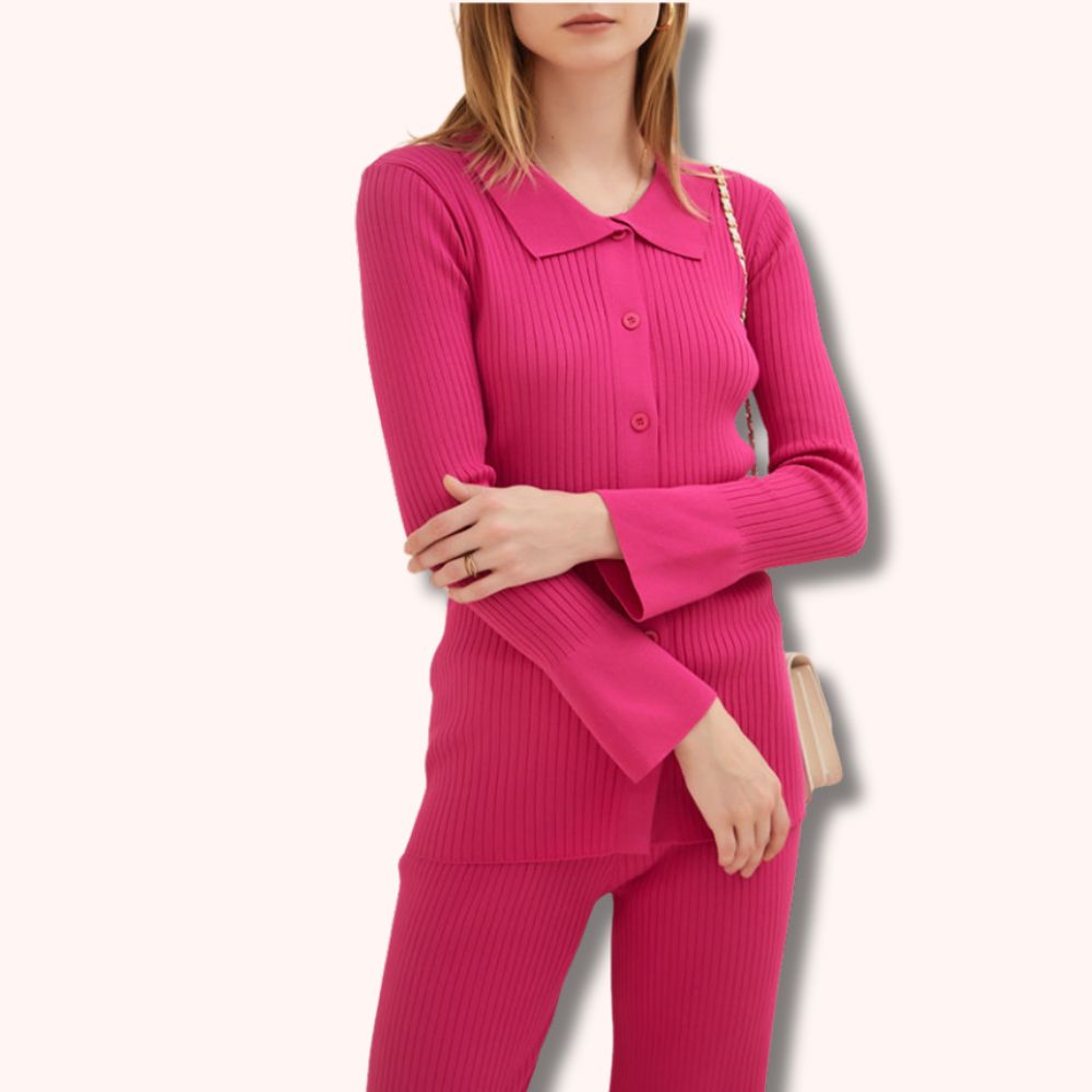 City Glam 2-Piece Knit Set with Long-Sleeve Cardigan and Flared-Leg Pants